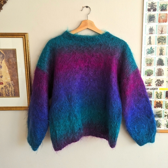 Sweaters - Vintage Handmade Rainbow Ombré Mohair Crewneck Knit Sweater